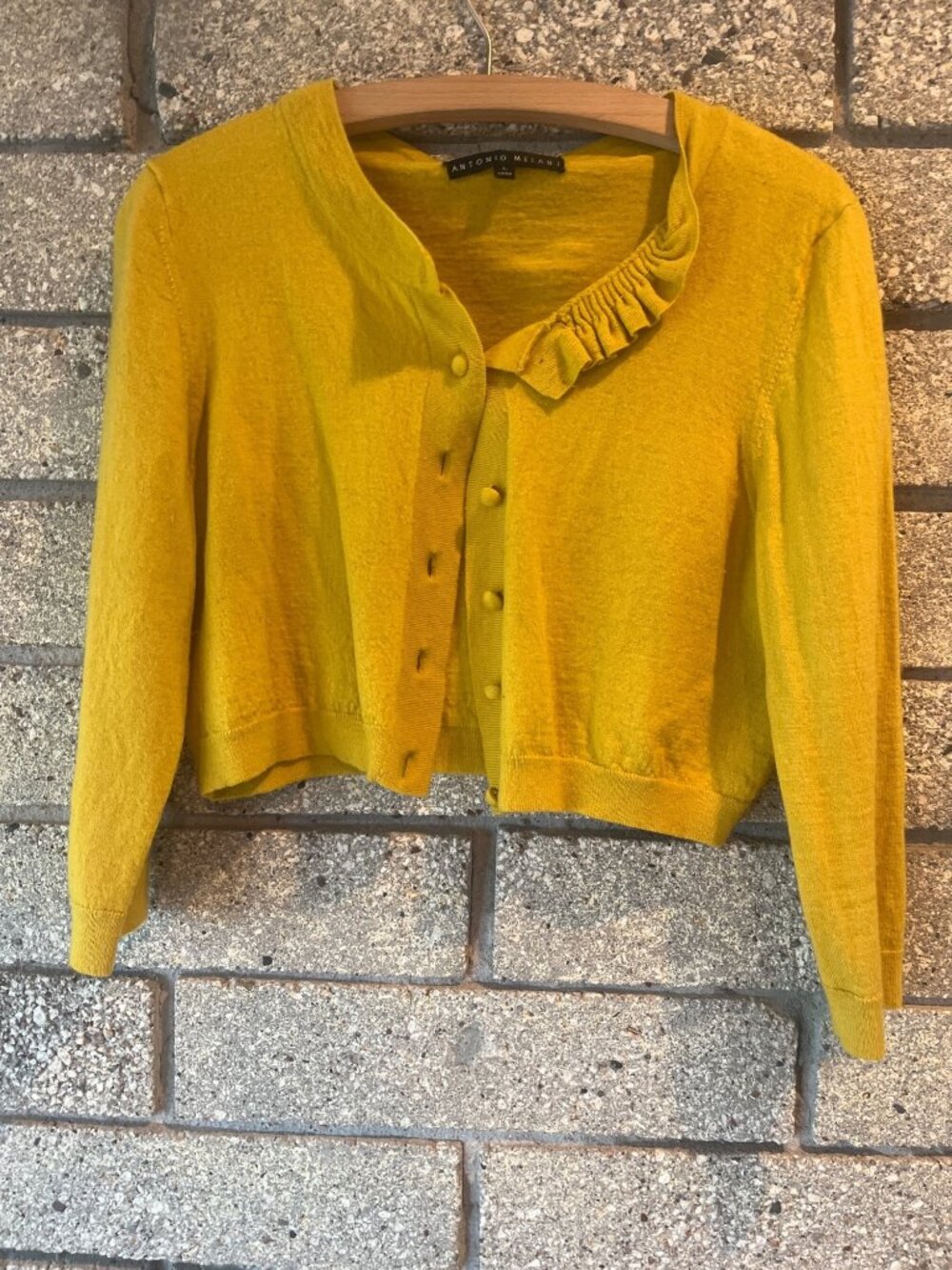 Antonio Melani Womens Yellow Cardigan Sweater With Ruffle Neck & Button Front Si